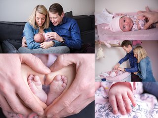 Vol liefde newborn fotoreportage van gelukkige gezin.